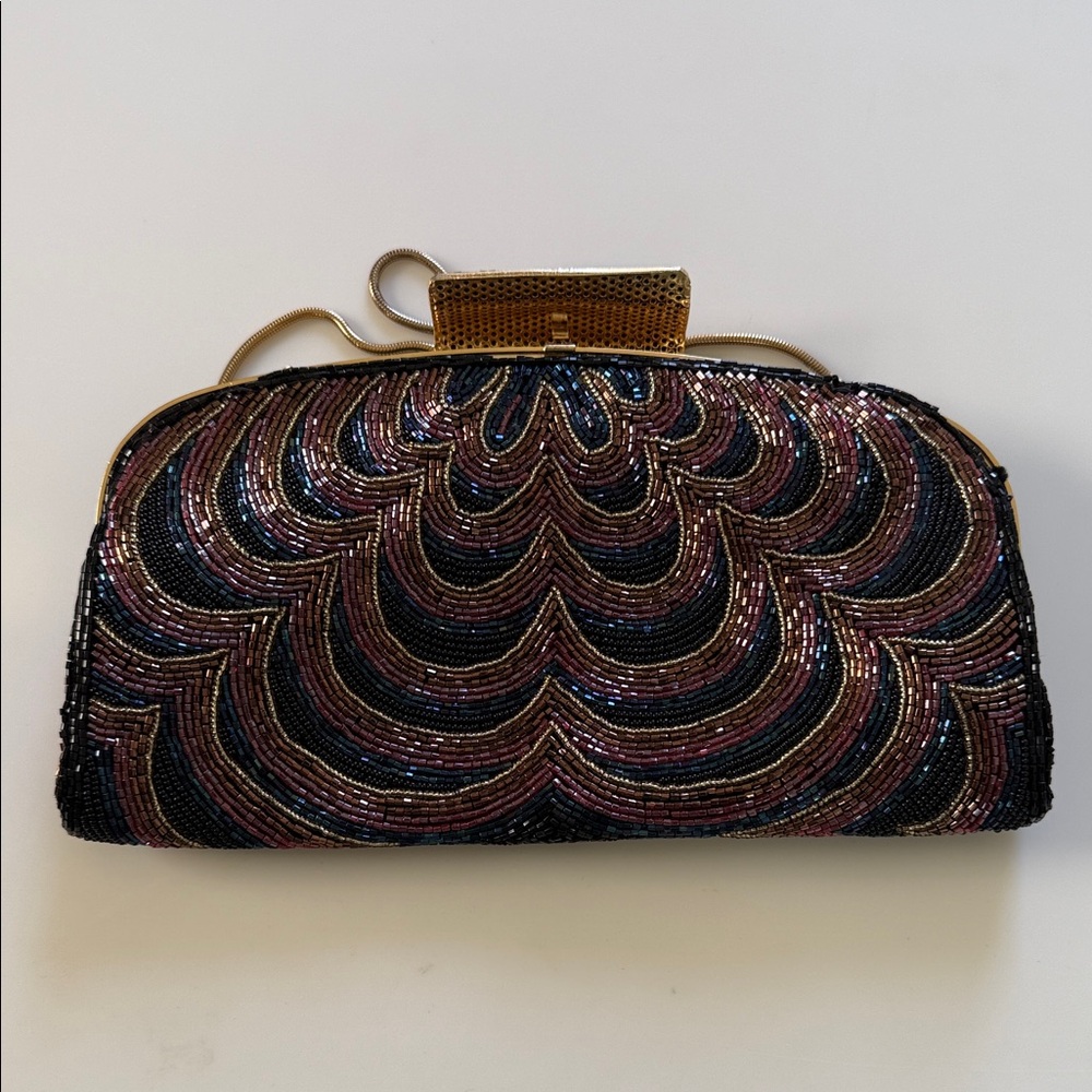 Vintage 80s Multicolor Beaded Clutch with Gold Chain - Picture 4 of 5